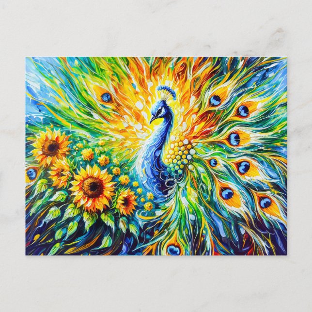 Abstract Peacock with Sunflowers in Painting Postkarte (Vorderseite)
