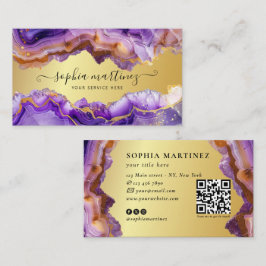 Abstract Purple Agate gold glitter marble QR Code Visitenkarte