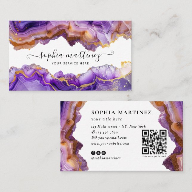 Abstract Purple Agate gold glitter marble QR Code Visitenkarte (Vorne/Hinten)