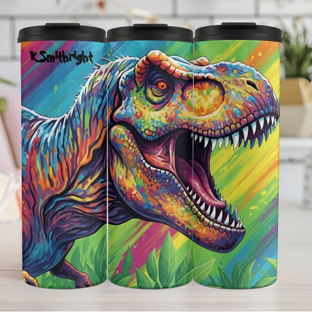 Abstract Rainbow T-Rex Roaring Art Thermosbecher (Von Creator hochgeladen)