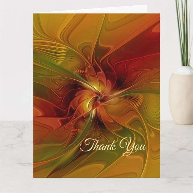 Abstract Red Orange Brown Green Fractal Art Flower Dankeskarte (Vorderseite)