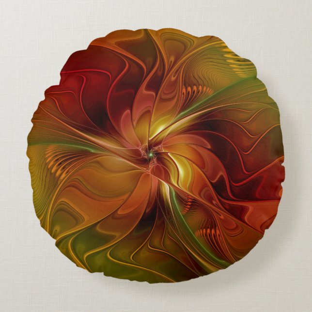 Abstract Red Orange Brown Green Fractal Art Flower Rundes Kissen (Vorderseite)
