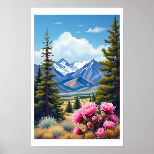 Abstract Rocky Mountains Pine Trees Cactus Poster (Vorne)