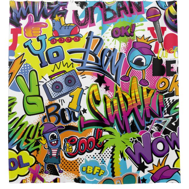 Abstract seamless comics pattern with palm tree, h duschvorhang (Vorderseite)