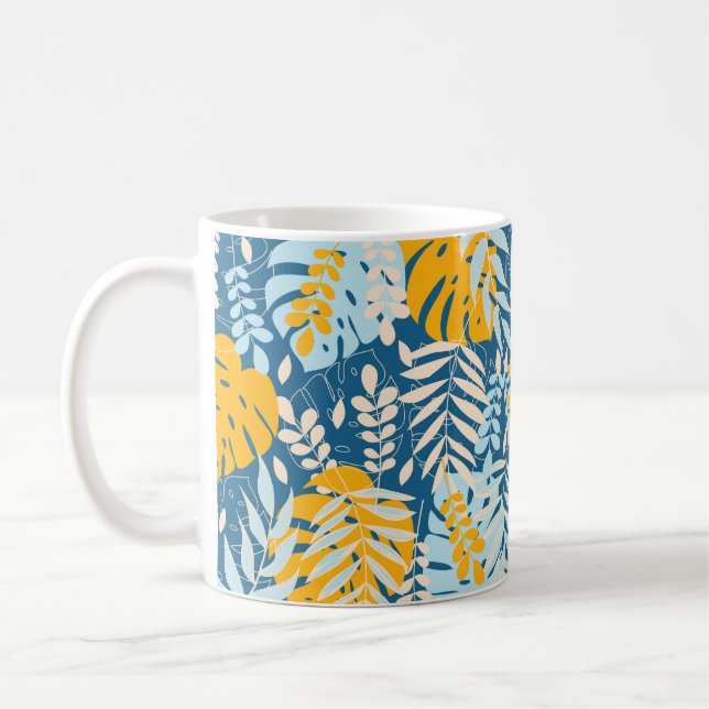 Abstract seamless pattern with tropical leaves and kaffeetasse (Links)
