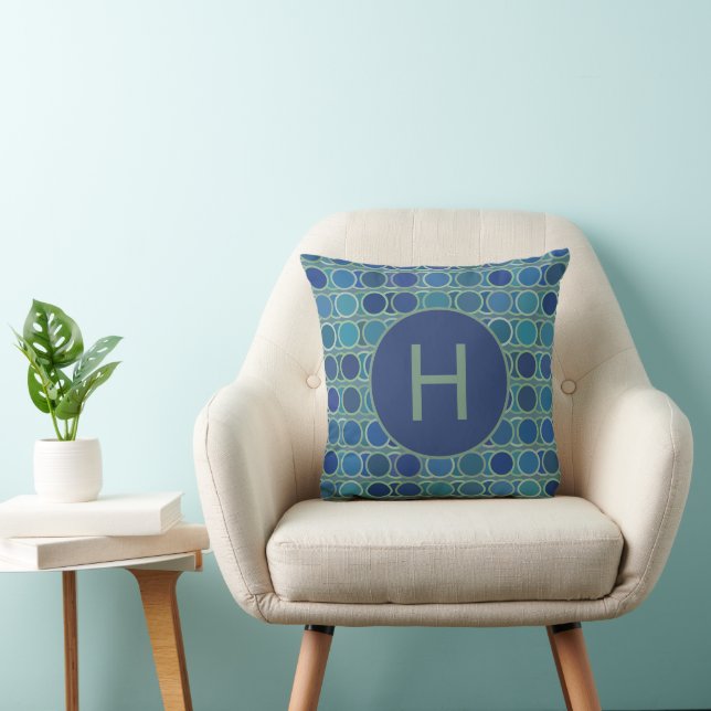 Abstract Shades of Blue Circle Pattern Monogram Kissen (Stuhl )