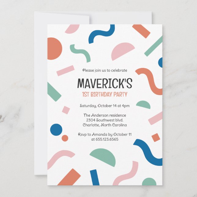 Abstract shapes baby first birthday invitation einladung (Vorderseite)