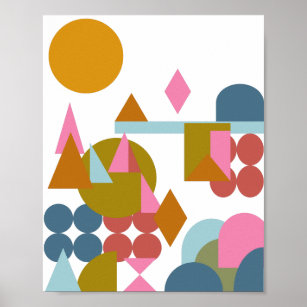 Abstract Shapes Landscape Blue Pink Geometric Poster