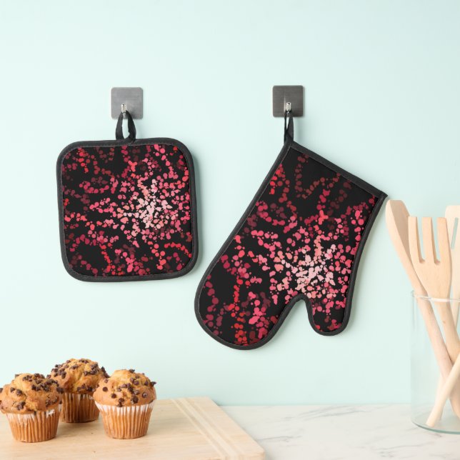 Abstract Splatter Dots Of Pinks And Reds Pattern Ofenhandschuh & Topflappen-Set (Insitu (Hängend))