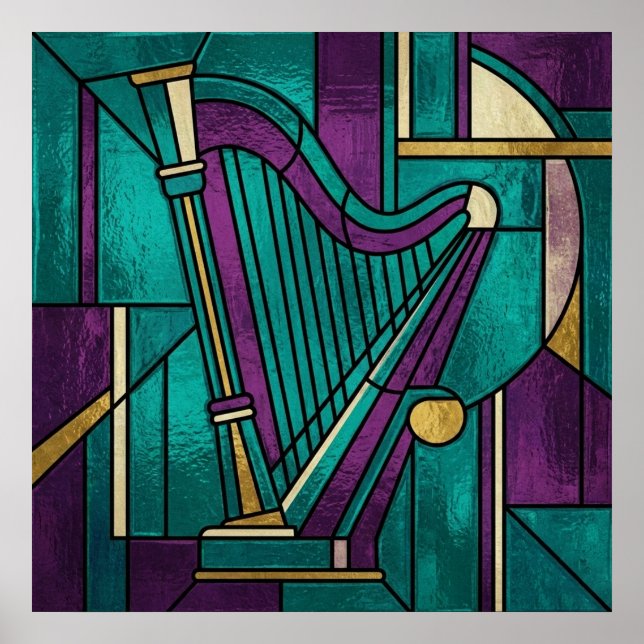 Abstract Stained Glass Harp Poster Teal and Purple (Vorne)