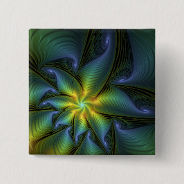 Abstract Star, Shiny Blue Green Golden Fractal Art Button