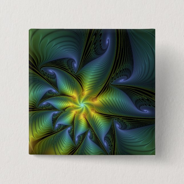Abstract Star, Shiny Blue Green Golden Fractal Art Button (Vorderseite)