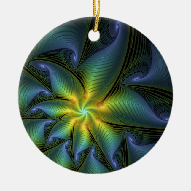 Abstract Star, Shiny Blue Green Golden Fractal Art Keramik Ornament (Vorne)