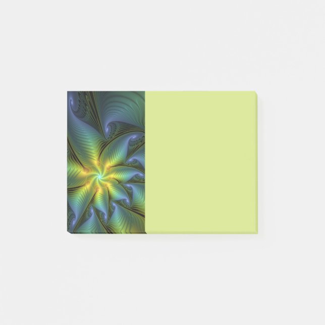 Abstract Star, Shiny Blue Green Golden Fractal Art Post-it Klebezettel (Vorderseite)