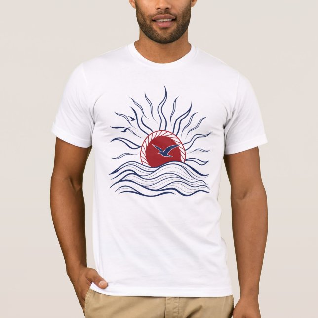 Abstract Sunset Illustration with Birds and Waves  T-Shirt (Vorderseite)