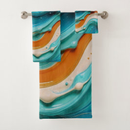 Abstract Swirling Teal and Orange Glossy Fluid Badhandtuch Set