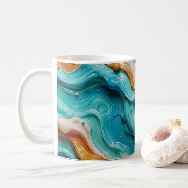 Abstract Swirling Teal and Orange Glossy Fluid  Kaffeetasse (Mit Donut)