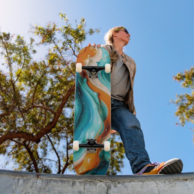 Abstract Swirling Teal and Orange Glossy Fluid  Skateboard (Außen 1)