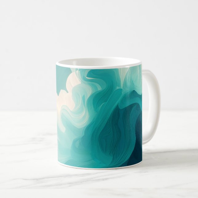 Abstract Teal and White Flowing Waves Kaffeetasse (VorderseiteRechts)