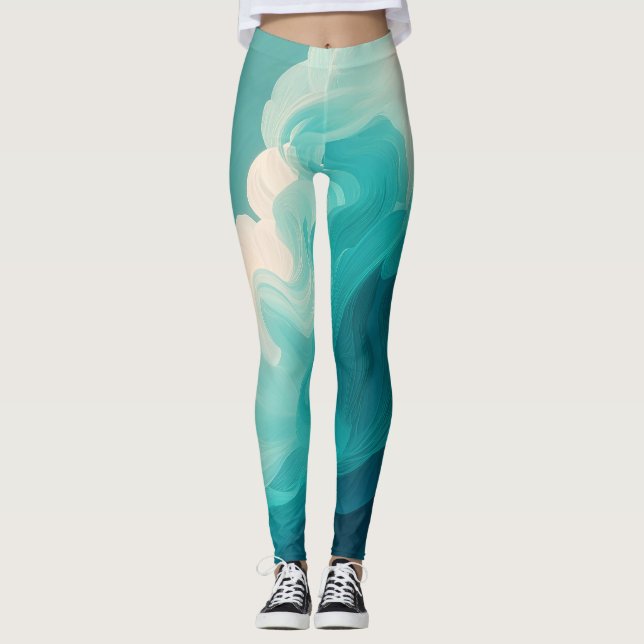 Abstract Teal and White Flowing Waves Leggings (Vorderseite)
