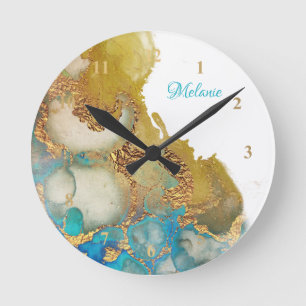 Abstract Teal Gold Agate Watercolor Runde Wanduhr