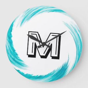 Abstract Turquoise Swirl Monogram Große Wanduhr