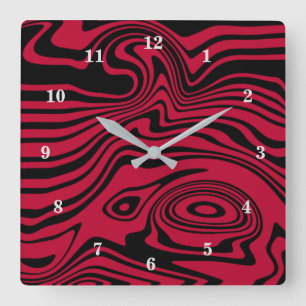 Abstract Warped Black & Red Lines - Customizable Quadratische Wanduhr