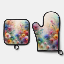 Abstract Watercolor Florals Oven Mitt & Pot Holder Ofenhandschuh & Topflappen-Set