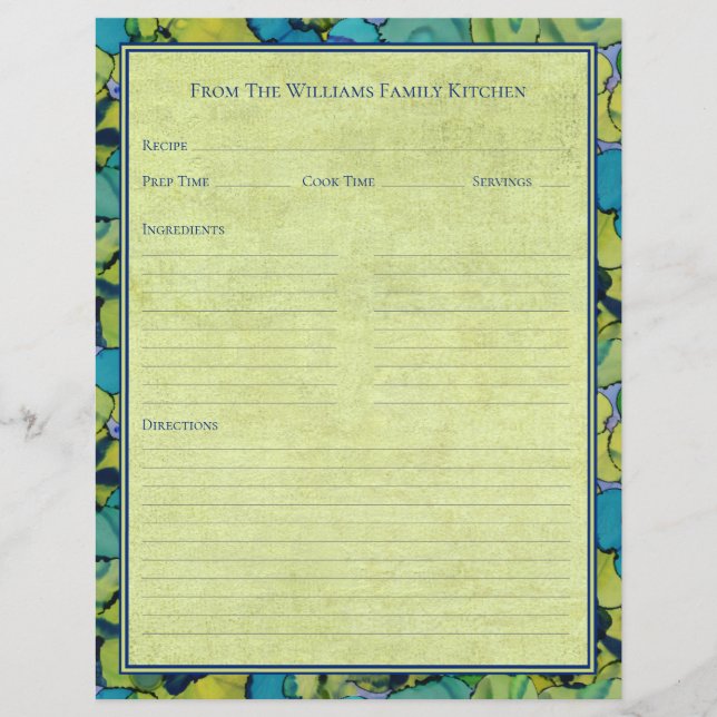 Abstract Watercolor Green Teal Recipe Paper Sheet (Vorderseite)