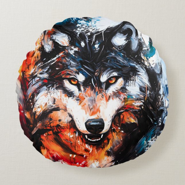 Abstract Wild Spirit Wolf Rundes Kissen (Vorderseite)