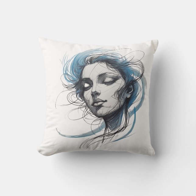Abstract Wind Flowing Face – Blue Line Art Pillow Kissen (Vorderseite)
