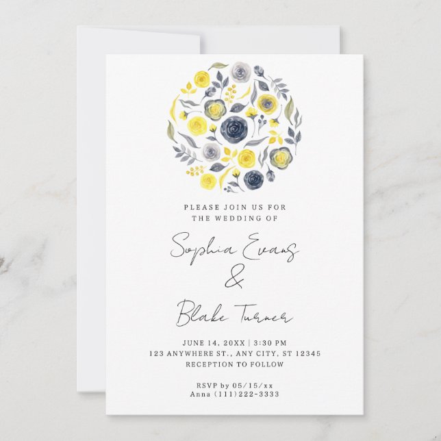 Abstract Yellow and Blue Bouquet White Wedding Einladung (Vorderseite)