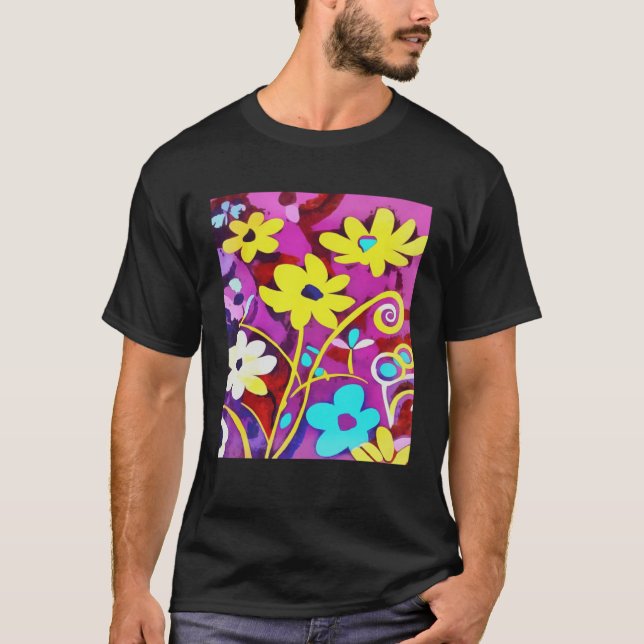Abstract Yellow Flowers On Viva Magenta T-Shirt (Vorderseite)