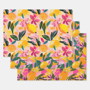 ABSTRACTE ZITRUS- UND BLÜTEN-DEKORATIVE PAPIERSETZ GESCHENKPAPIER SET