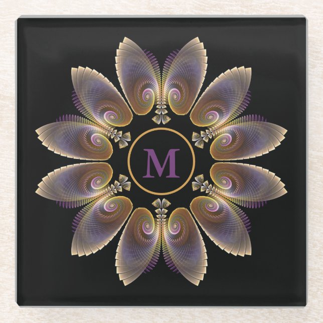 Abstrakt Angel Wings Mandala Fraktal Monogram Glasuntersetzer (Vorderseite)