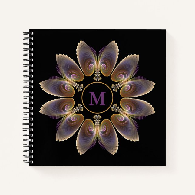 Abstrakt Angel Wings Mandala Fraktal Monogram Notizbuch (Vorderseite)