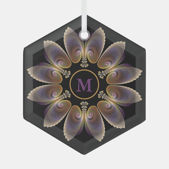 Abstrakt Angel Wings Mandala Fraktal Monogram Ornament Aus Glas (Vorderseite)