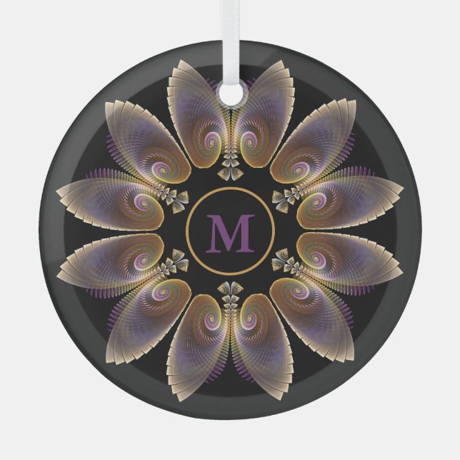 Abstrakt Angel Wings Mandala Fraktal Monogram Ornament Aus Glas (Vorderseite)
