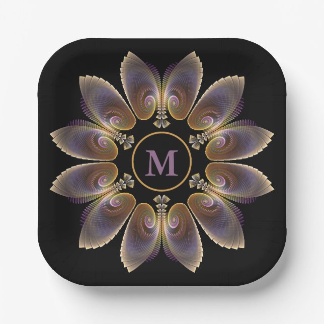 Abstrakt Angel Wings Mandala Fraktal Monogram Pappteller (Vorderseite)