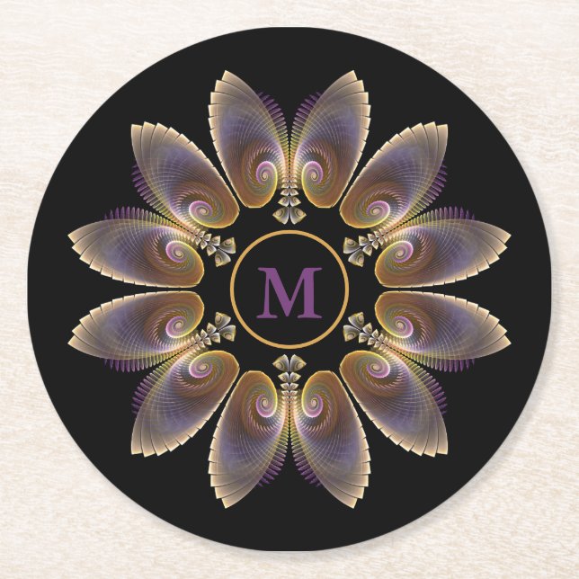 Abstrakt Angel Wings Mandala Fraktal Monogram Runder Pappuntersetzer (Vorderseite)