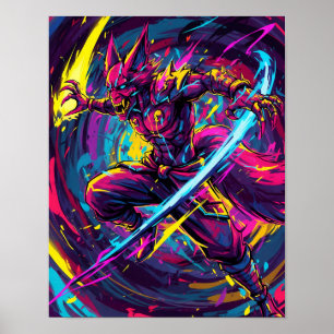 Abstrakt Anime: Neon Kitsune Warrior Poster