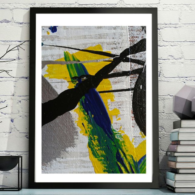 Abstrakt Art Black Yellow Blue Gray Malerei Poster (Art viewed in a frame example.)