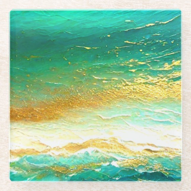 Abstrakt Art Blue and Gold Ocean Glasuntersetzer (Vorderseite)