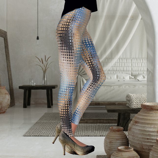 Abstrakt Art Blue Gray Beige Muster Leggings (Leggings featuring an abstract tech industrial design with dots in blue, grey and beige.)