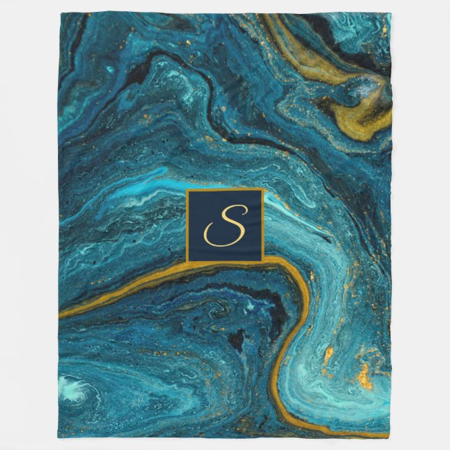 Abstrakt Art Blue Green Gold Dust Monogram Marmor Fleecedecke (Vorderseite)
