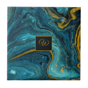 Abstrakt Art Blue Green Gold Dust Monogram Marmor Fliese