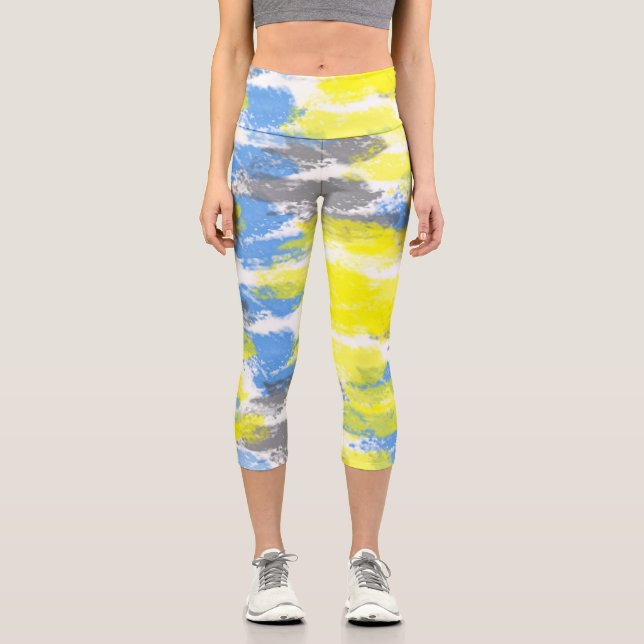Abstrakt Art Blue White Yellow Grey Minimalismus Capri Leggings (Vorderseite)