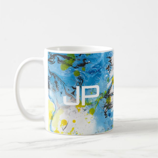 Abstrakt Art Blue Yellow White Template Monogram Kaffeetasse (Links)