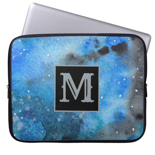 Abstrakt Art Monogram Blue Black Watercolor Notebo Laptopschutzhülle (Vorderseite)
