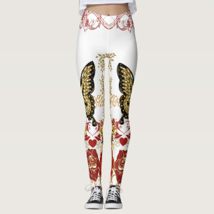 Abstrakt Art Rose Butterfly Sweeping Hearts Gold Leggings